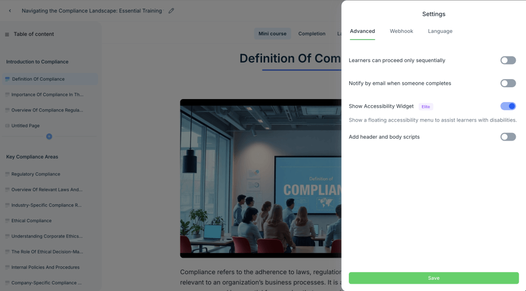 course setting for accessibility widget