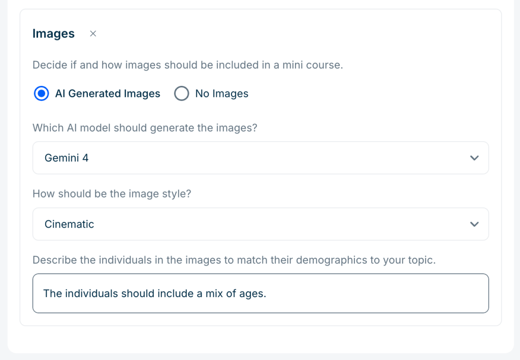 Image settings with “AI Generated Images” selected. Options include AI model (“Gemini 4”), image style (“Cinematic”), and demographic description (“The individuals should include a mix of ages”).